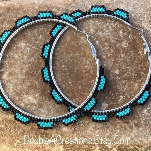 Turquoise Beaded Hoops, New, Handmade by Me - Picture 5 of 14